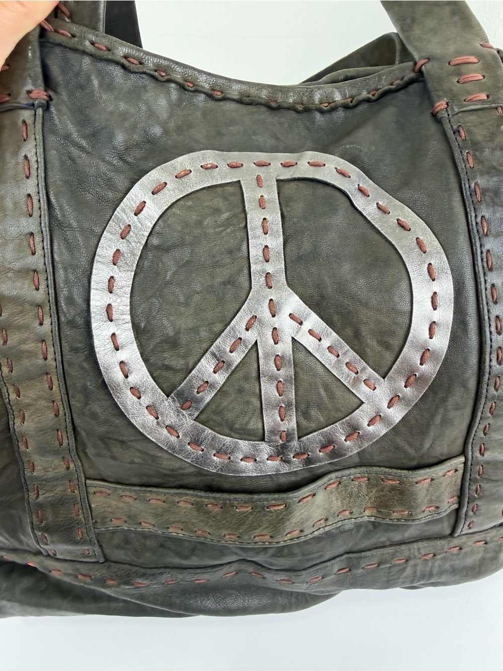 Carla Mancini Y2K Leather Peace Sign Tote Bag Boho Whipstitch Shoulder Bag - Picture 6 of 10
